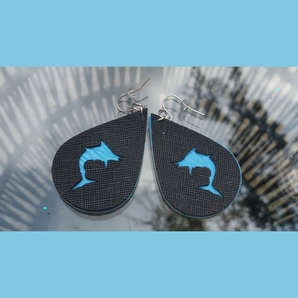 3/$20 Blue Florida Marlins Faux Leather Earrings